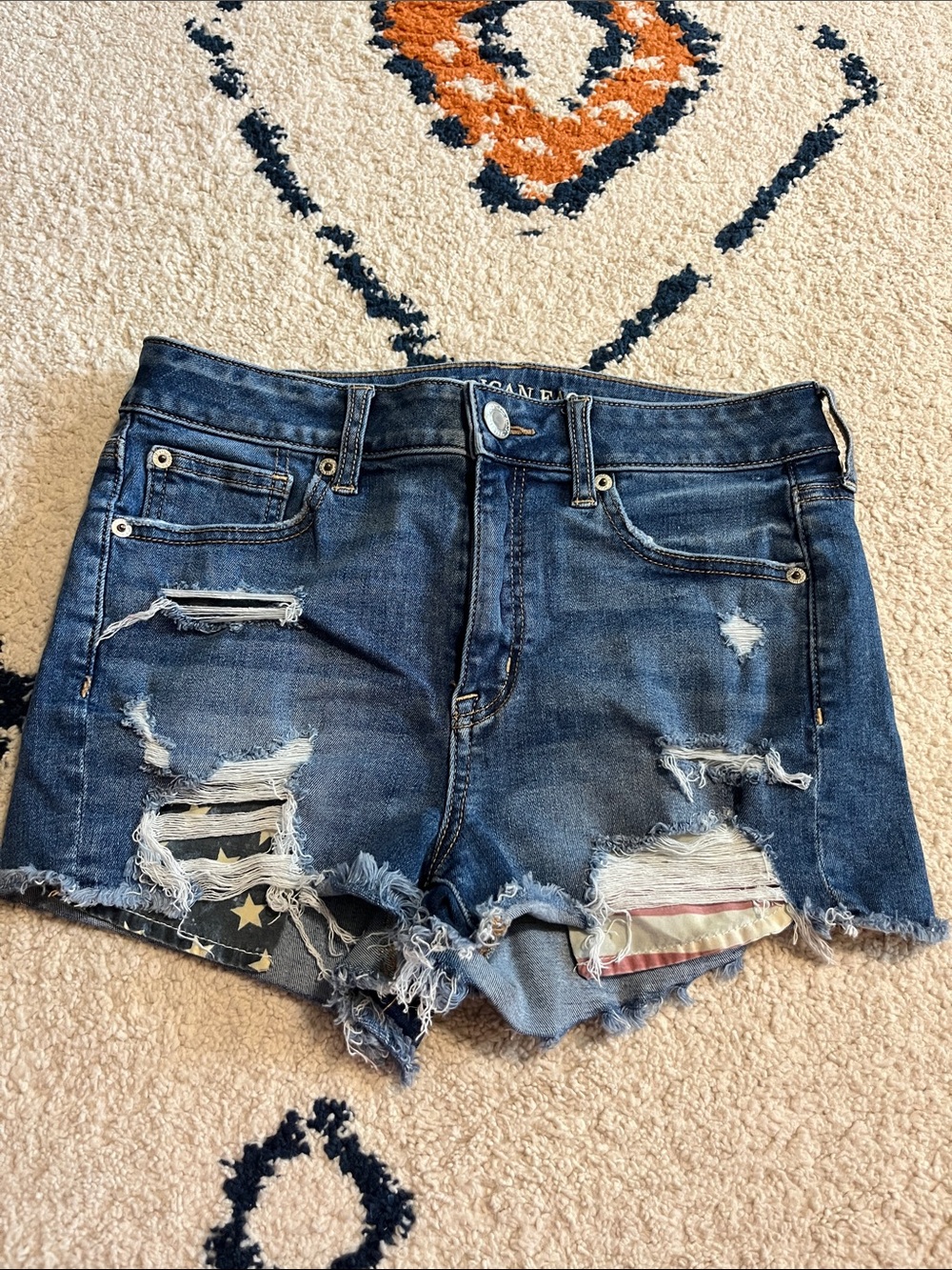 American Eagle Distressed Dark Blue Denim Jean Shorts with Flag Patch
